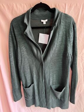 NWT J.Jill Green one Button Shawl Collar Cardigan 2 front pockets cotton blend